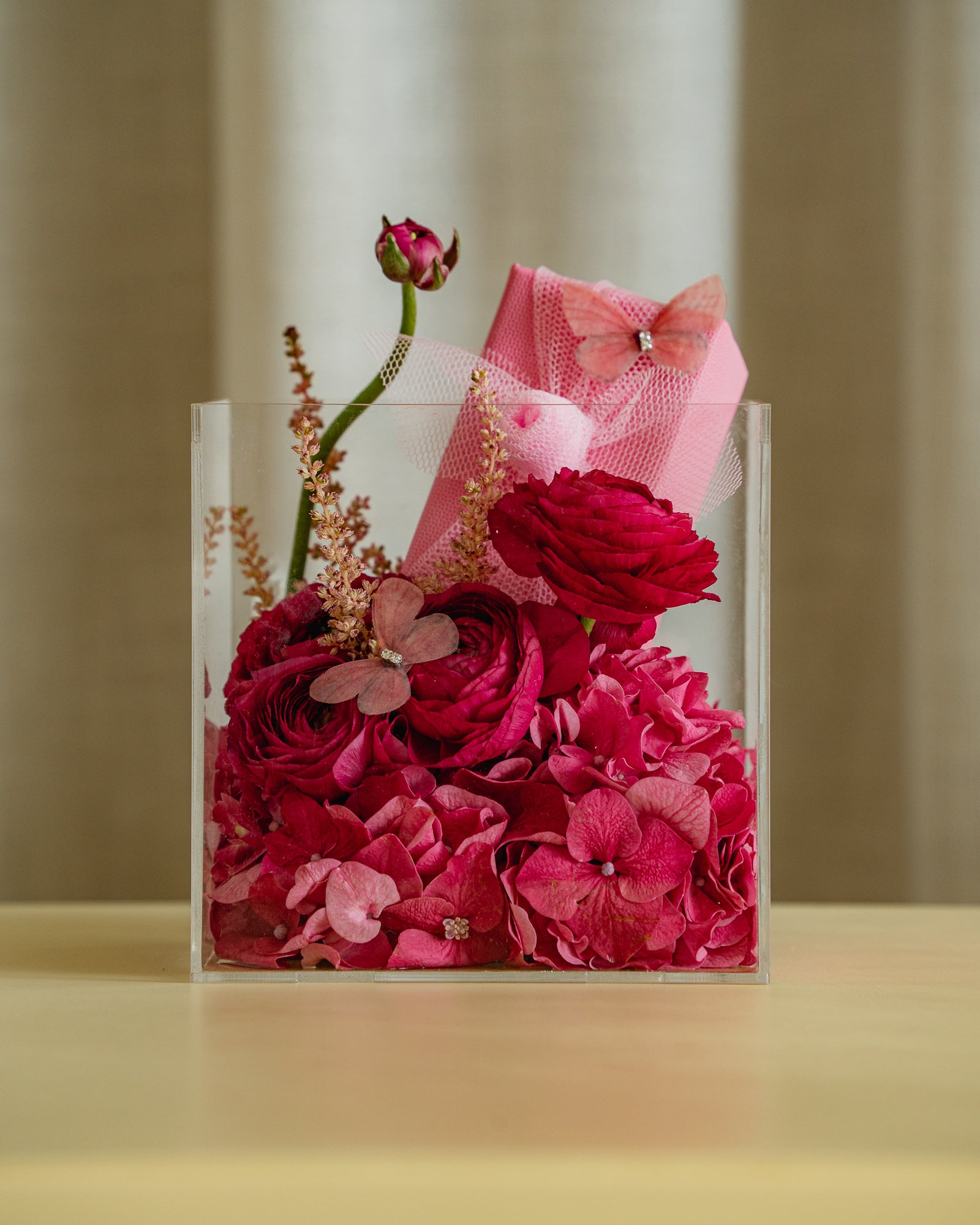 EXCLUSIVELY UPON PRE-ORDER:  Cube Acrylic Box with Fuchsia Florals