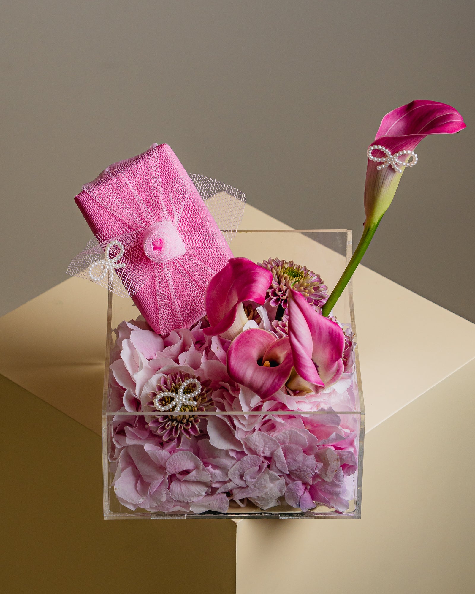 EXCLUSIVELY UPON PRE-ORDER:  Cube Acrylic Box with Rosy Pink Florals